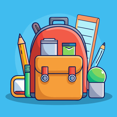 Colorful backpack with school supplies; pencils, notebooks, and containersのイラスト素材