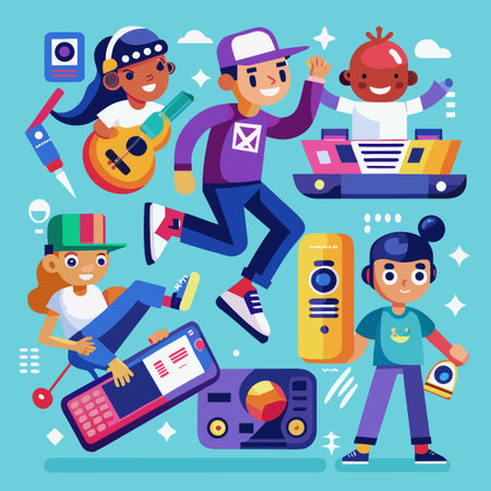 Colorful cartoon diverse characters playing music and engaging with tech on blue backgroundのイラスト素材