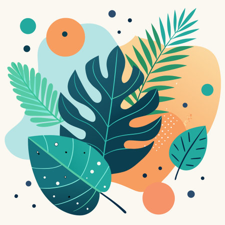 Botanical vector art Tropical leaves, abstract shapes, and vibrant dots on pale backgroundのイラスト素材