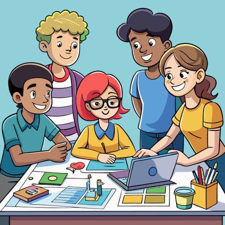 Diverse group working together around a table, collaborating on project. Bright, cheerfulのイラスト素材