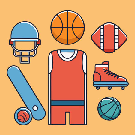 Sports gear helmet, basketball, jersey, snowboard, football, roller skate iconsのイラスト素材