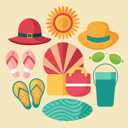 Summer Colorful flat lay of beach essentials on a light yellow backgroundのイラスト素材
