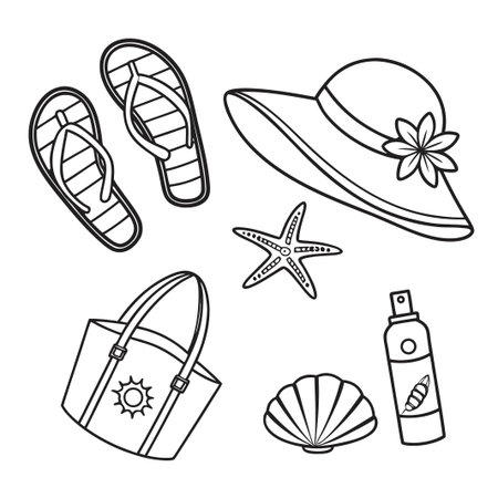 Beach essentials flip-flops, hat, bag, starfish, shell, sunscreen in black and whiteのイラスト素材