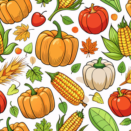 Autumnal harvest pattern, featuring pumpkins, corn, leaves, and other fall elements on a white backgroundのイラスト素材