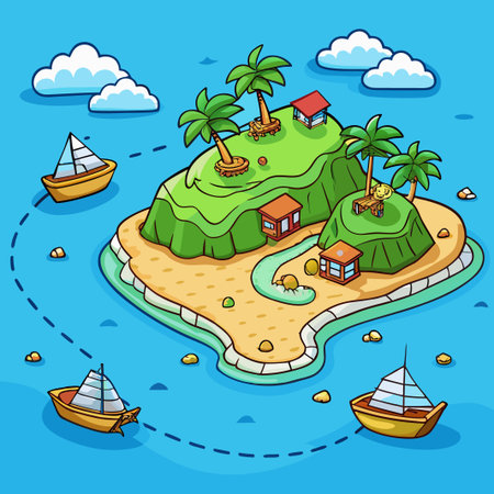 Cartoon island in a turquoise ocean with sailboats, simple houses, and palm trees.  A dotted line traces the island's perimeterのイラスト素材