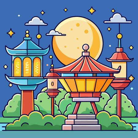 Asian-style buildings with a full moon, stars, and clouds at night in cartoon styleのイラスト素材
