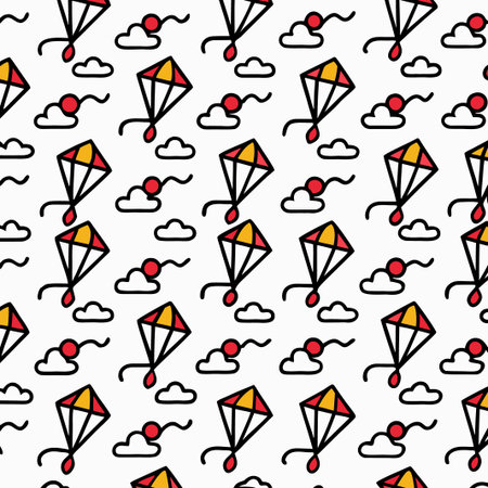 Seamless pattern of kites, clouds, and suns on white background. Simple, clean styleのイラスト素材