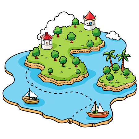Cartoon island with trees, buildings, boats, and water. Cute, whimsical designのイラスト素材