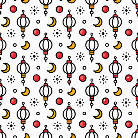 Lanterns and moons in seamless pattern with red circles and starbursts on whiteのイラスト素材