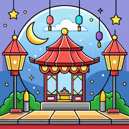 Red pagoda with lanterns, crescent moon, stars, and street lamps at night in cartoon styleのイラスト素材