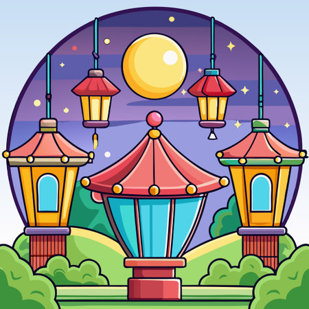 Asian lanterns glow under a full moon, surrounded by green foliage at nightのイラスト素材