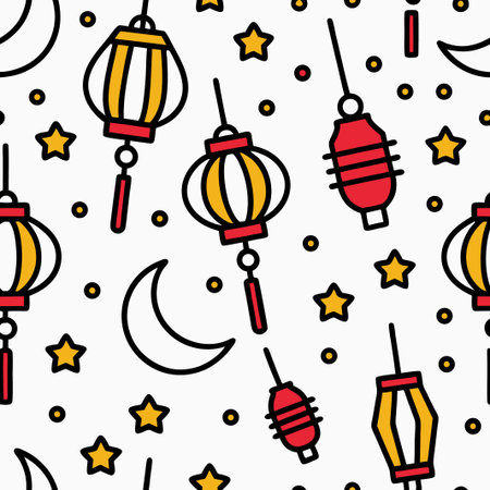 Lunar lanterns. Stars and moons celebrate a festive night with hanging decorationsのイラスト素材