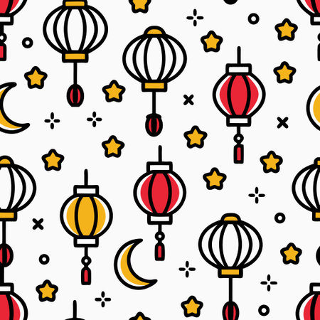 Festive pattern featuring lanterns, stars, and moons on a white backdropのイラスト素材