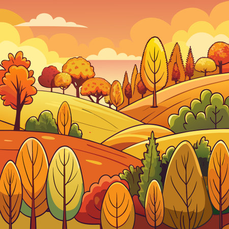 Autumnal landscape illustration.  Colorful hills, trees, and foliage in warm tones.  Simple, cartoon styleのイラスト素材