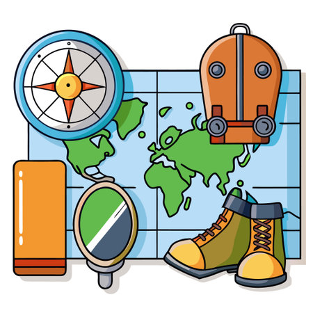 Travel Compass, map, backpack, shoes, mat, and mirror illustrationのイラスト素材