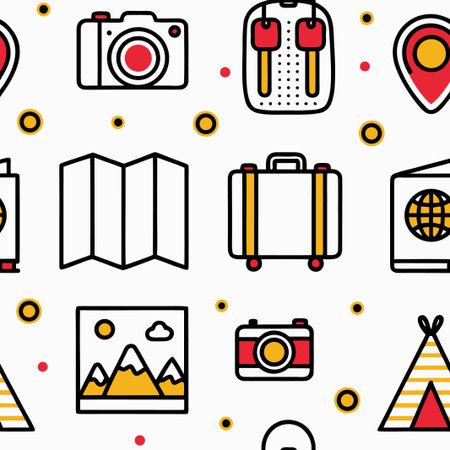 Seamless travel icon pattern with suitcase, camera, map, passport, &amp; moreのイラスト素材
