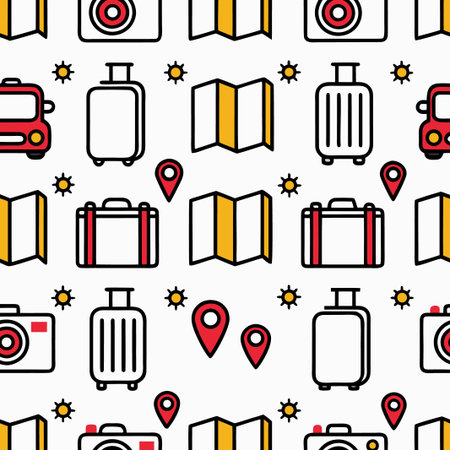 Travel pattern suitcases, maps, camera, car, location pins, sparkles on whiteのイラスト素材
