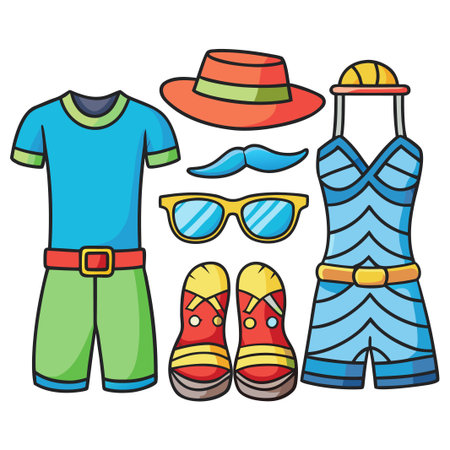 Cartoon clothing set includes shirt, pants, hat, swimsuit, shoes, mustache and sunglassesのイラスト素材
