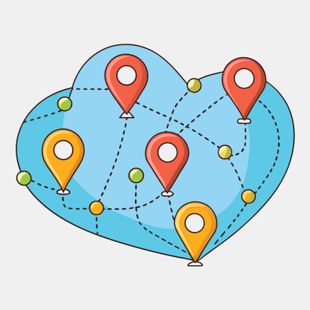 Abstract map with red and yellow pins, connected by dotted lines on blueのイラスト素材