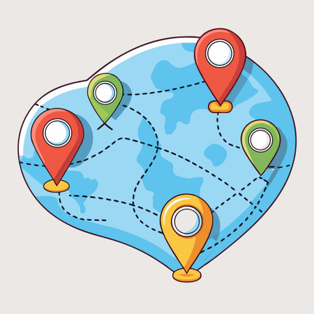 Stylized world map with location markers and connecting routesのイラスト素材