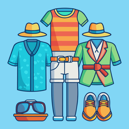 Colorful cartoon outfit collection shirts, shorts, hats, shoes, and sunglassesのイラスト素材