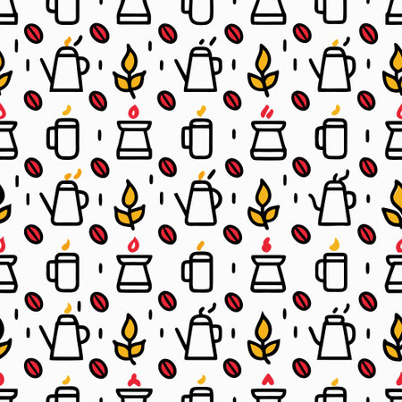 Repeating pattern of coffee brewing tools and coffee beans on a white background.  Simple line art style with pops of yellow and red.  Includes coffee pots, cups, and grainsのイラスト素材
