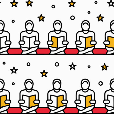 Repeating pattern of figures reading books.  Simple,  outlined figures seated, holding books, on a red and white background.  Stars and small circles accent the designのイラスト素材