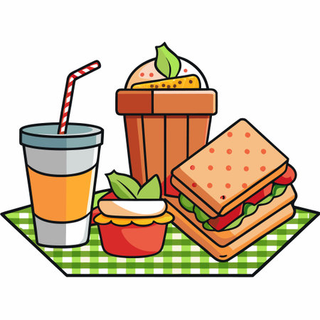 Picnic lunch drink, dessert, sandwich, and small treat on green checkered blanketのイラスト素材