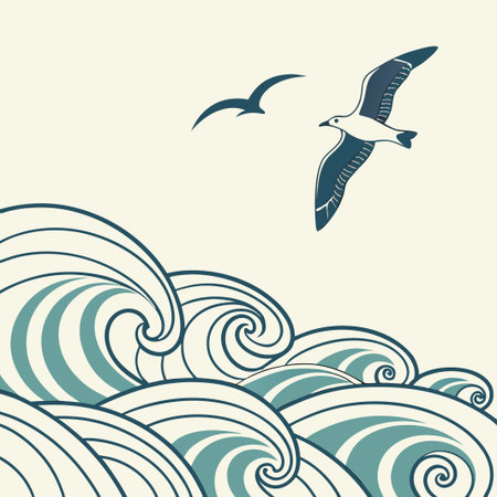 Waves curl under soaring birds. Ocean breeze and simple art. Decorative illustrationのイラスト素材