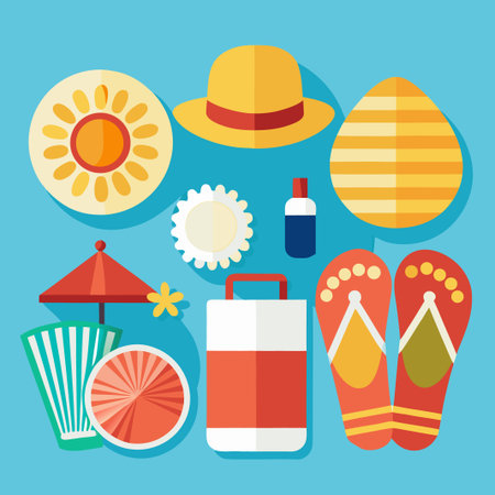 Vacation essentials. Beach items flat lay with hat, umbrella, flip-flops, towel and sun