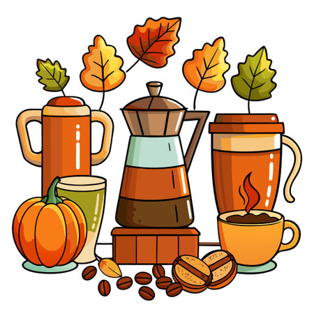Autumnal still life with pumpkin, coffee maker, cups, fallen leaves and coffee beansのイラスト素材