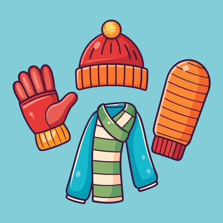 Cartoon winter clothing items red beanie, striped scarf, mittens and glovesのイラスト素材