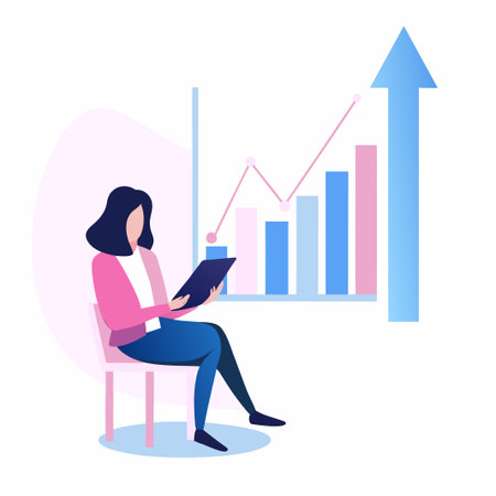 Woman reviews rising charts, seated, with pastel pink and blue colorsのイラスト素材