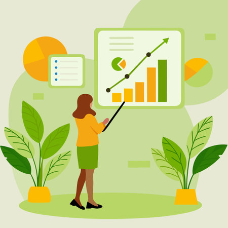 Woman presenting charts, graphs, in green themed vector illustration with foliageのイラスト素材