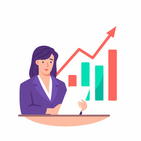 Woman in suit looks at financial graph. Growth, success, and achievement shownのイラスト素材
