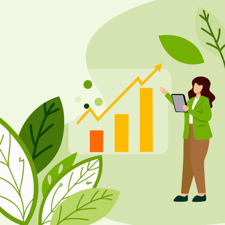 Woman presenting rising graph, plants, muted colors, positive business conceptのイラスト素材