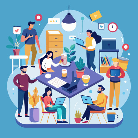 Team collaborates at a bright office with laptops, coffee, and plantsのイラスト素材