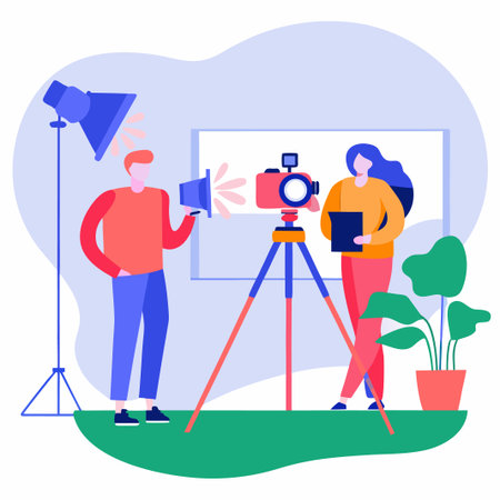 Behind the scenes camera crew filming with equipment, spotlight, and plantのイラスト素材