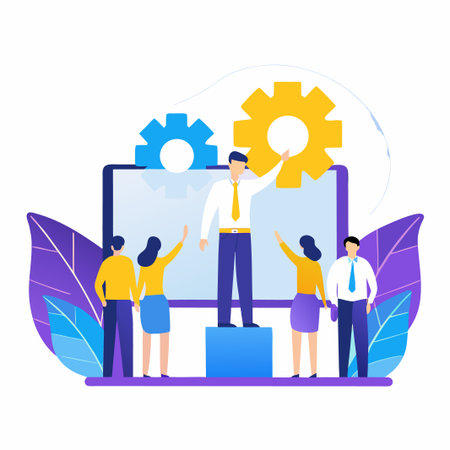Team collaborates with gears on a screen; leaders and teammates unitedのイラスト素材