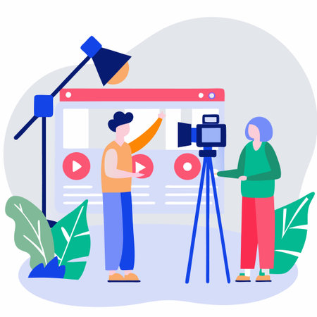 Two people creating a video with camera, lights, screen and plantsのイラスト素材