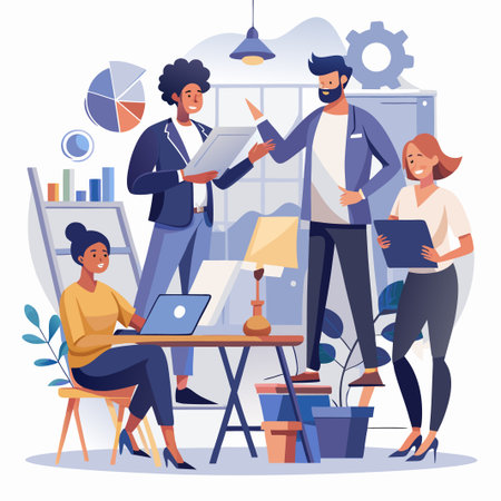 Business team collaborates in modern office, reviewing charts, using laptopのイラスト素材