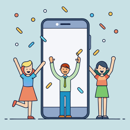 Happy people celebrate around a phone with confetti on a pale blue backgroundのイラスト素材