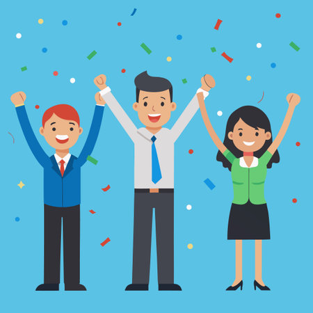 Three business professionals celebrate with arms raised amidst colorful confettiのイラスト素材