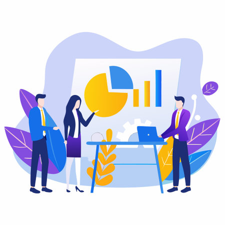 Team discusses data charts at table. Leaves, background in violet/yellow huesのイラスト素材