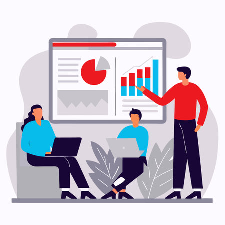 Business presentation; three people around a large display screen showing various charts and graphsのイラスト素材