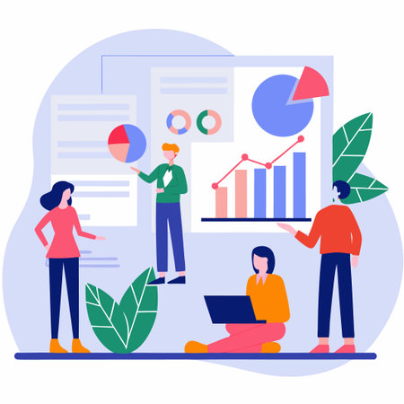 Flat illustration of a team working on data analysis.  Diverse group of people interacting around various charts and graphsのイラスト素材
