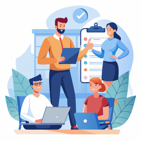 Team collaboration in a modern office.  Four people,  two standing,  two seated,  engaged in a meeting.  A clipboard and laptop computers are visible.  The art style is flat and colorfulのイラスト素材