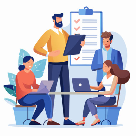 Team works together; planning and checking task completion, with a task list behindのイラスト素材