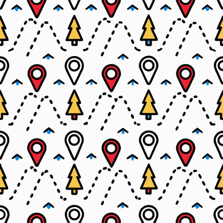Seamless pattern with trees, map markers, dotted trails, and tiny trianglesのイラスト素材