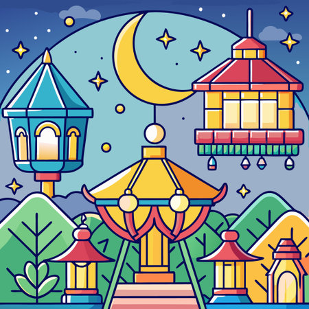 Illustrated nightscape with lamps, moon, stars, and stylized trees and architectureのイラスト素材